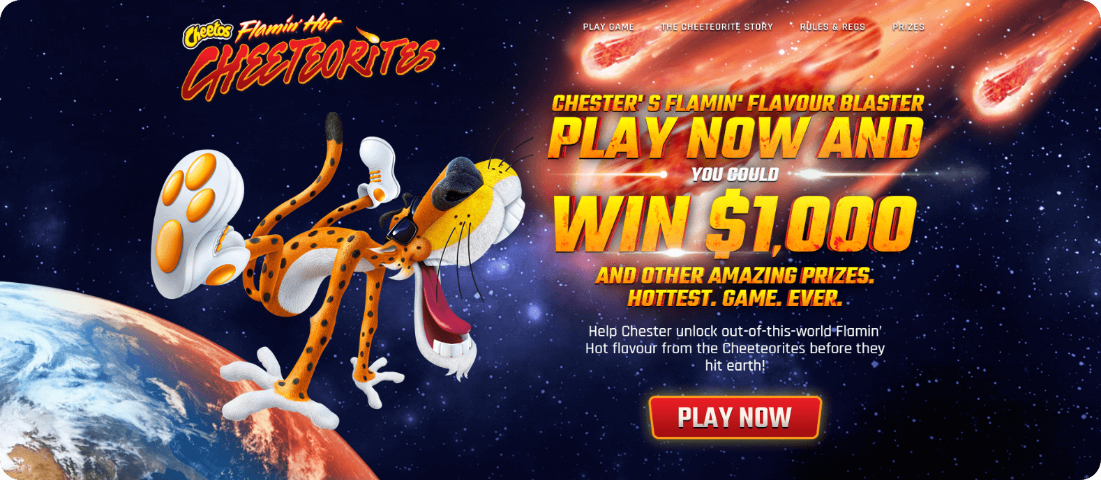 Vibrant image of the website for Cheetos Flamin' Hot Cheeteorites, featuring the Cheetos mascot, Chester Cheetah, in a bold and dynamic design.